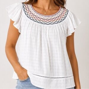 White Embroidered Flutter Sleeve Boho Peasant Top Smocked My Danielle